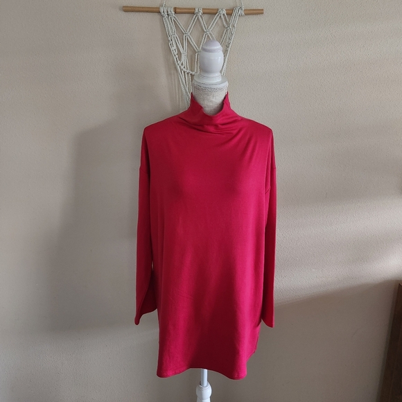 Eileen Fisher Sweaters - Eileen Fisher Womens Red Cozy Brushed Terry Hug Funnel Neck Long Top Size XS
